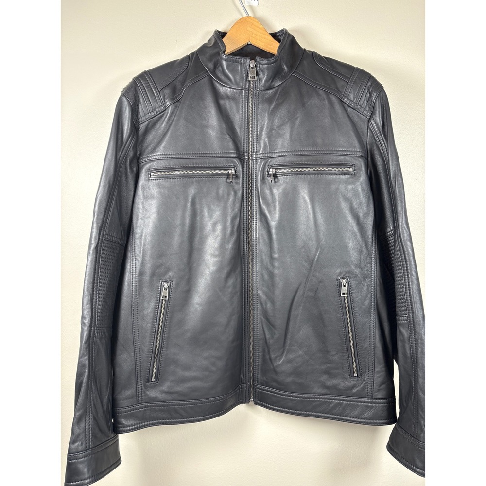 Roundtree & Yorke‎ Mens Black Genuine Lamb Leather Moto Cafe Racer Jacket Large
